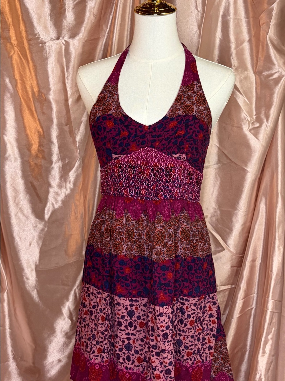 Hollister Y2K Halter Tiered Mini Dress in Magenta and Pink